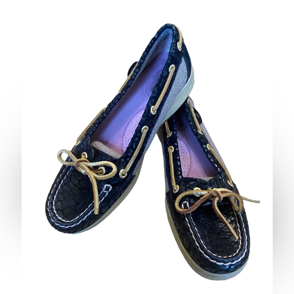 Sperry Black Textured Leather Flats with Gold Laces